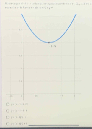 Observa que el vértica de la siguiente parátota está en el (1,2)
escuación en la forms y=a(x-ay)^2+yy , z oual eé au
y=(x+1)^2+2
y=(x+1)^2-2
y=(x-1)^2-2
y=(x-1)^2+2