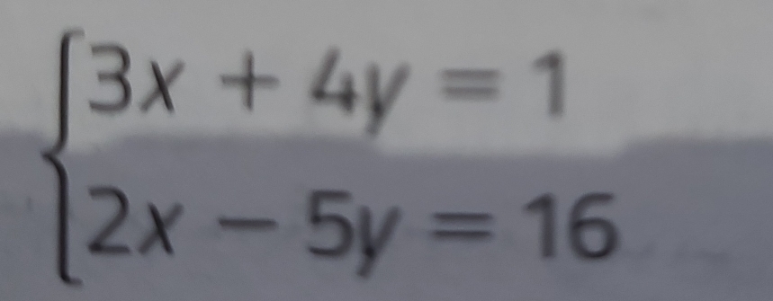 beginarrayl 3x+4y=1 2x-5y=16endarray.