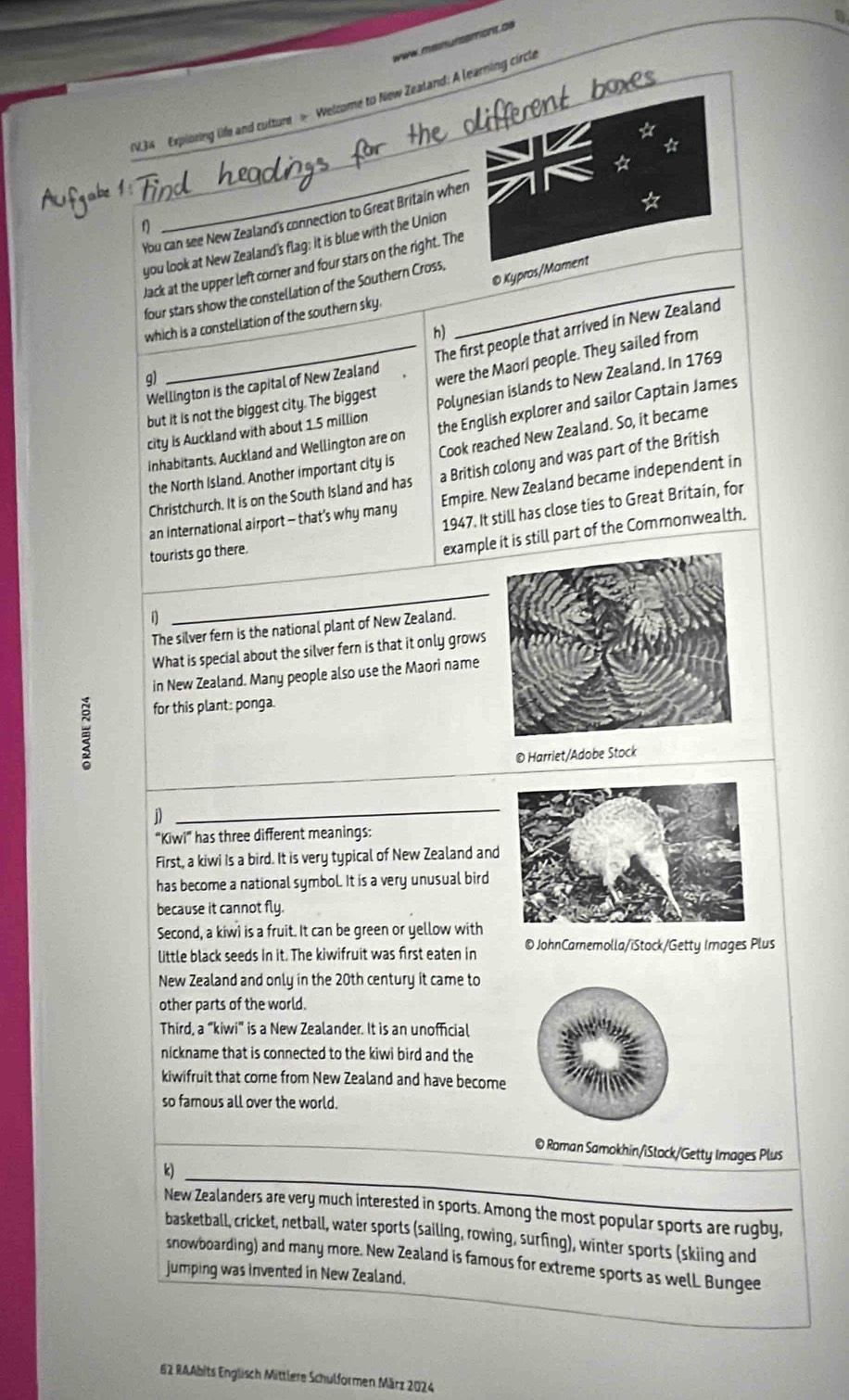 www manursement os
 
(V34 Exploring life and culture - Welcome to New Zealand: A learning circle
_
_
bu can see New Zealand's connection to Great Britain when
η
you look at New Zealand's flag: it is blue with the Union
Jack at the upper left corner and four stars on the right. The
four stars show the constellation of the Southern Cross,_
© Kypros/Mament
which is a constellation of the southern sky.
h)
Wellington is the capital of New Zealand The first people that arrived in New Zealand
g)
were the Maori people. They sailed from
city is Auckland with about 1.5 million Polynesian islands to New Zealand. In 1769
but it is not the biggest city. The biggest
inhabitants. Auckland and Wellington are on the English explorer and sailor Captain James
the North Island. Another important city is Cook reached New Zealand. So, it became
Christchurch. It is on the South Island and has a British colony and was part of the British
an international airport - that’s why many Empire. New Zealand became independent in
1947. It still has close ties to Great Britain, for
tourists go there.
example it is still part of the Commonwealth.
1
The silver fern is the national plant of New Zealand.
What is special about the silver fern is that it only grows
in New Zealand. Many people also use the Maori name

for this plant: ponga.
© Harriet/Adobe Stock
j)
"Kiwi" has three different meanings:
First, a kiwi is a bird. It is very typical of New Zealand and
has become a national symbol. It is a very unusual bird
because it cannot fly.
Second, a kiwi is a fruit. It can be green or yellow with
little black seeds in it. The kiwifruit was first eaten in ® JohnCarnemolla/iStock/Getty Images Plus
New Zealand and only in the 20th century it came to
other parts of the world.
Third, a “kiwi” is a New Zealander. It is an unofficial
nickname that is connected to the kiwi bird and the
kiwifruit that come from New Zealand and have become
so famous all over the world.
© Roman Samokhin/iStock/Getty Images Plus
k)
New Zealanders are very much interested in sports. Among the most popular sports are rugby,
basketball, cricket, netball, water sports (sailing, rowing, surfing), winter sports (skiing and
snowboarding) and many more. New Zealand is famous for extreme sports as well. Bungee
jumping was invented in New Zealand.
62 RAAbits Englisch Mittlere Schulformen März 2024