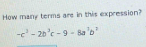 How many terms are in this expression?
-c^3-2b^3c-9-8a^3b^2