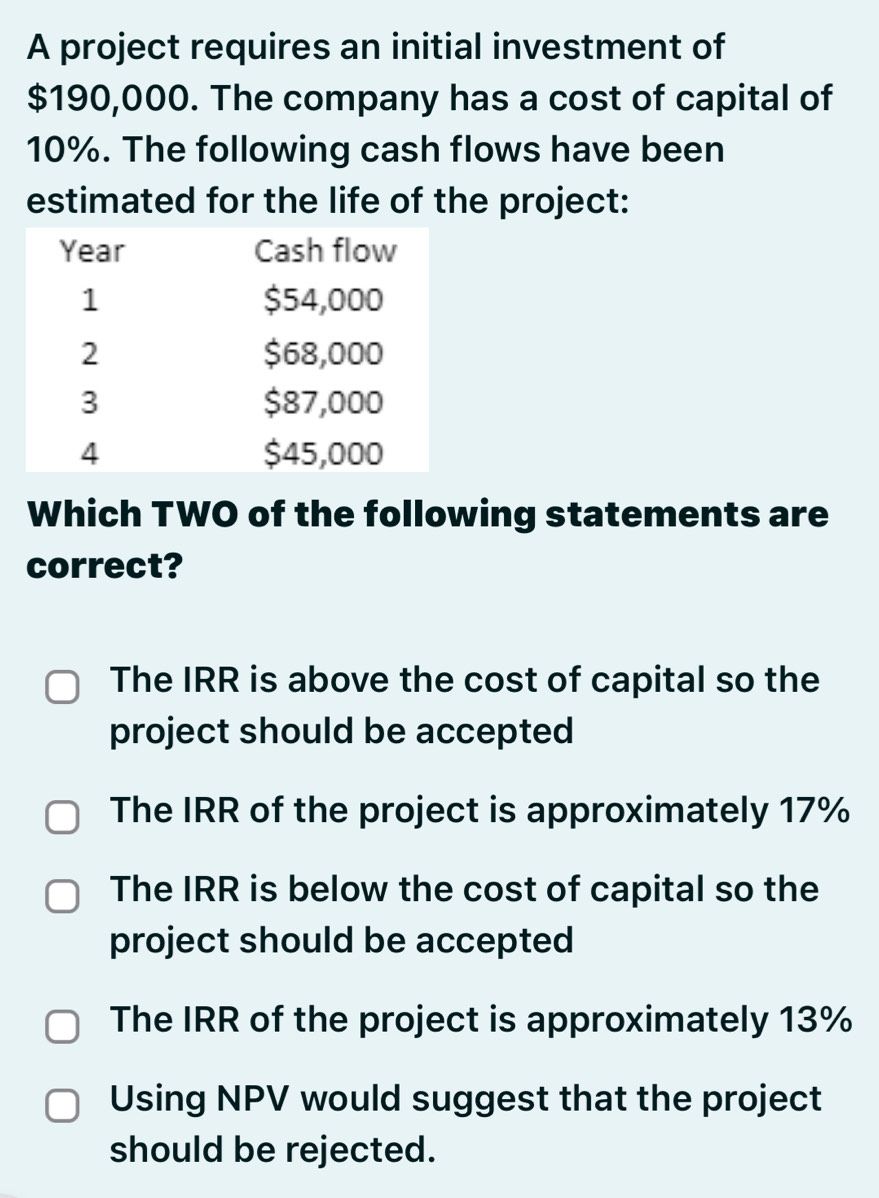 A project requires an initial investment of
$190,000. The company has a cost of capital of
10%. The following cash flows have been
estimated for the life of the project:
Which TWO of the following statements are
correct?
The IRR is above the cost of capital so the
project should be accepted
The IRR of the project is approximately 17%
The IRR is below the cost of capital so the
project should be accepted
The IRR of the project is approximately 13%
Using NPV would suggest that the project
should be rejected.