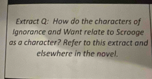 Extract Q: How do the characters of 
Ignorance and Want relate to Scrooge 
as a character? Refer to this extract and 
elsewhere in the novel.