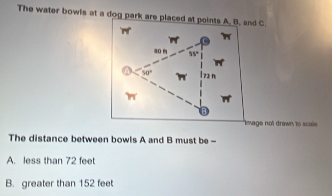 The water bowls at a dog park are placed at points A, B, and C.
image not drawn to scale 
The distance between bowls A and B must be -
A. less than 72 feet
B. greater than 152 feet