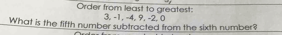 Order from least to greatest:
3, -1, -4, 9, -2, 0
What is the fifth number subtracted from the sixth number?