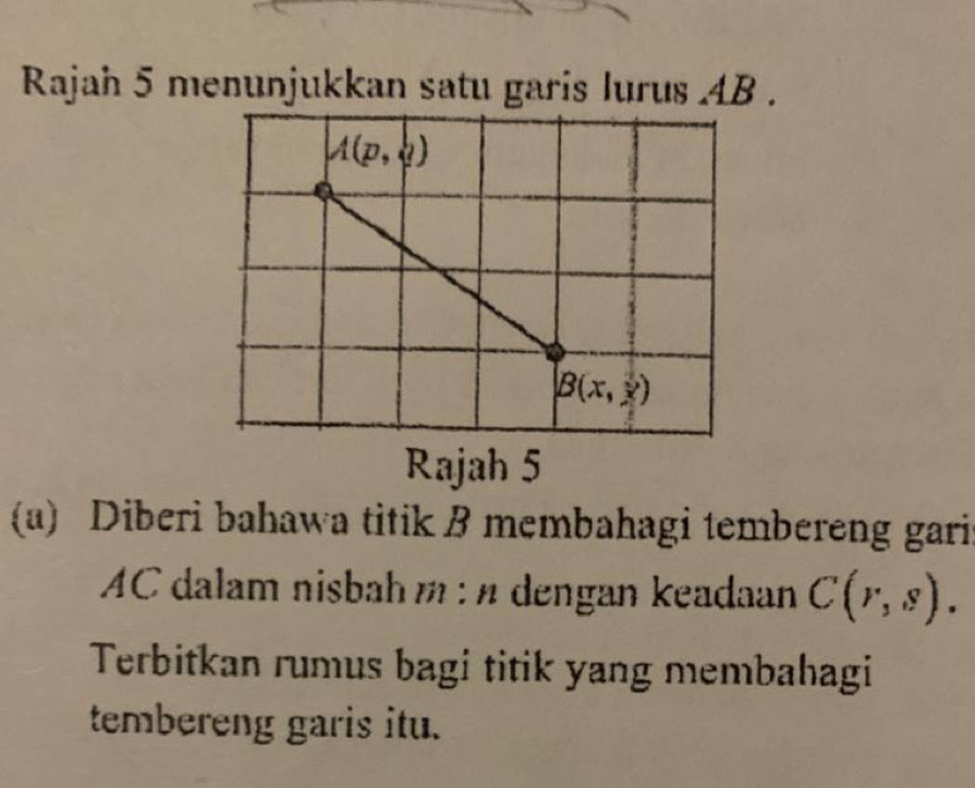 Rajah 5 menunjukkan satu garis lurus AB .
Rajah 5
(a) Diberi bahawa titik ß membahagi tembereng garis
AC dalam nisbah m : n dengan keadaan C(r,s).
Terbitkan rumus bagi titik yang membahagi
tembereng garis itu.