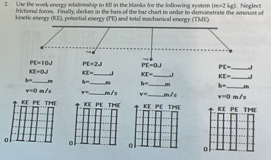 Use the work-energy relationship to fill in the blanks for the following system (m=2kg). Neglect 
frictional forces. Finally, darken in the bars of the bar chart in order to demonstrate the amount of 
kinetic energy (KE), potential energy (PE) and total mechanical energy (TME).
PE=10J PE=2J
PE=0J
PE= _  J
KE=0J
KE= _  J KE= _  J KE= _  J
h= _  m h= _  m h= _  m h= _  m
v=0m/s v= _  m/s Y= _  n n/s v=0m/s
KE PE TME KE PE TME KE PE TME KE PE TME 
0
0
o
0