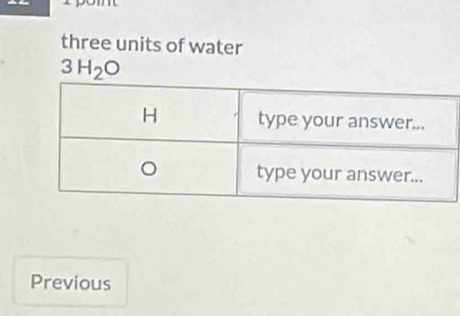 three units of water
3H_2O
Previous