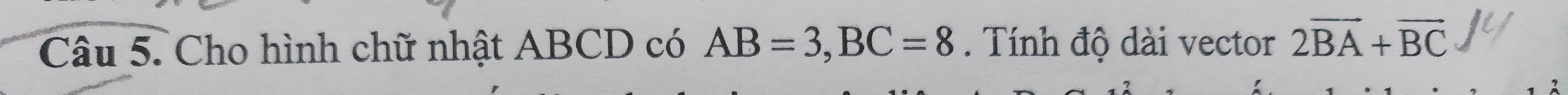 Cho hình chữ nhật ABCD có AB=3, BC=8. Tính độ dài vector 2vector BA+vector BC