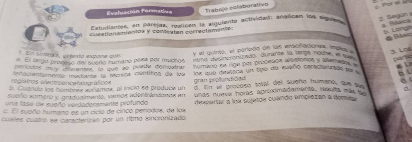 Evaluación Formativa 
Trabajo colaborativo 
c Por el an 
Estudiantes, en parejas, realicen la siguiente actividad: analicen los siguente 
2. Según s 
a. Básica 
cuestionamientos y contesten correctamente: 
b. Longia 
Básio 
1. En sintesis, el texto expone que: 
y el quinto, el periodo de las ensoñaciones, implica 
3. Los 
a. El largo proceso del sueño humano pasa por muchos ritmo desincronizado. durante la larga noche, el sueña 
partic 
períodos muy diferentes. lo que se puede demostrar humano se rige por procesos aleatorios y altemados n 
đ La 
fehacientemente mediante la técnica científica de los los que destaca un tipo de sueño caractenizado po a L 
registros electroencefalográficos 
gran profundidad 
a 
b. Cuando los hombres soñamos, al inicio se produce un d. En el proceso total del sueño humano, que dua 
sueño somero y, gradualmente, vamos adentrándonos en unas nueve horas aproximadamente, resulta más fád d. 
una fase de sueño verdaderamente profundo 
despertar a los sujetos cuando empiezan a dormitar 
c. El sueño humano es un ciclo de cinco periodos, de los 
cuales cuatro se caracterizan por un ritmo sincronizado