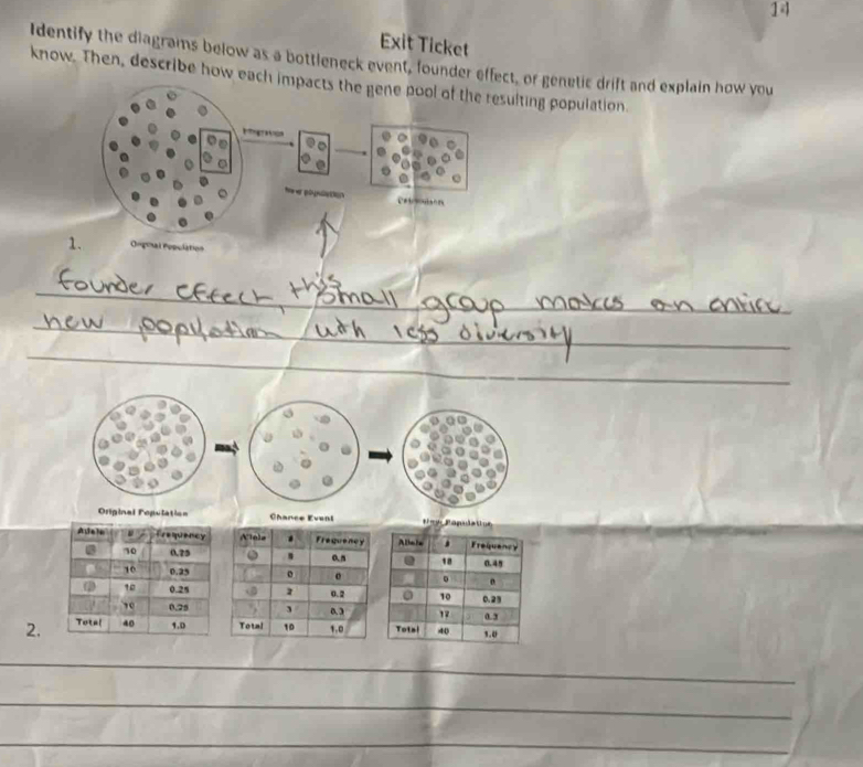 Exit Ticket 
Identify the diagrams below as a bottleneck event, founder effet, or genetic drift and explain how you 
know. Then, describe how eaulting population. 
1. Oogoal Popclation 
_ 
_ 
_ 
_ 
_ 
_ 
_ 
. 
Original Populatio= Chance Eveni Fiey Paplation 
2. 
_ 
_ 
_ 
_