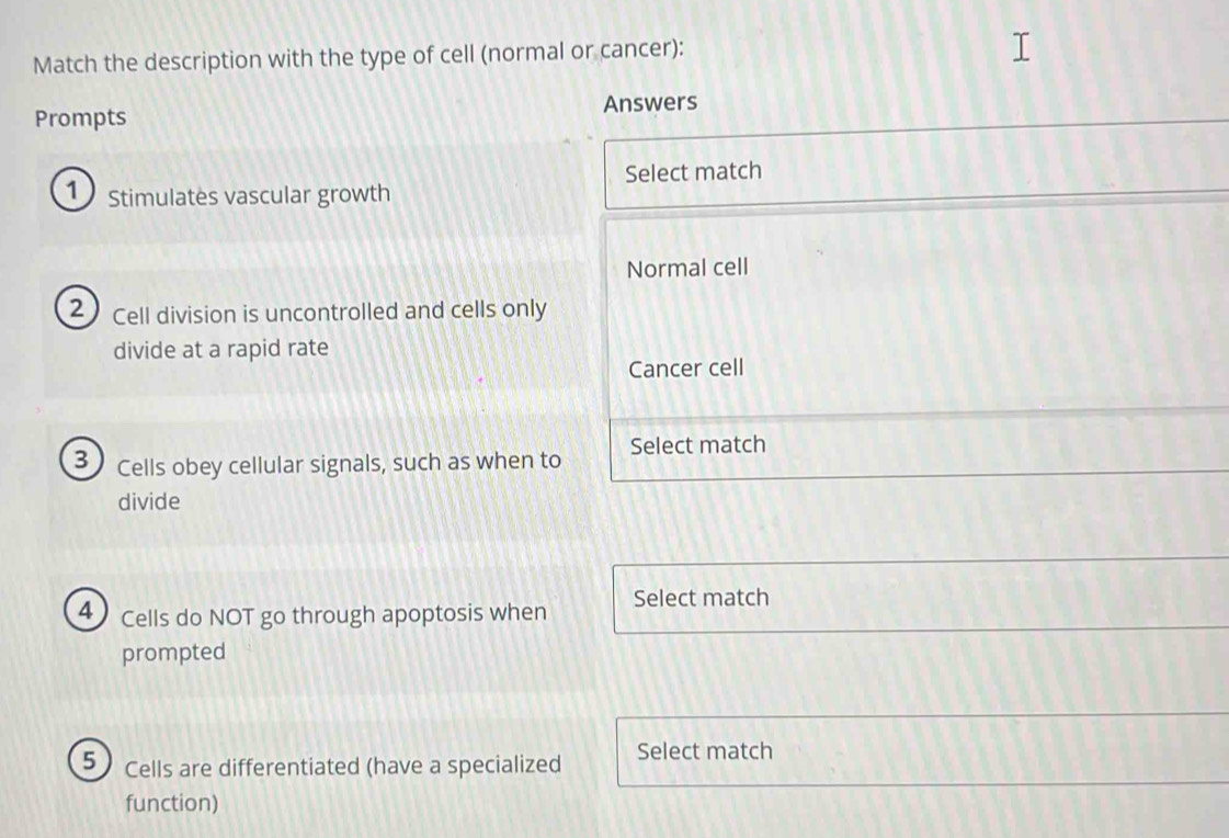 Match the description with the type of cell (normal or cancer):
Prompts Answers
1 Stimulates vascular growth Select match
Normal cell
2 Cell division is uncontrolled and cells only
divide at a rapid rate
Cancer cell
3 Cells obey cellular signals, such as when to Select match
divide
4 Cells do NOT go through apoptosis when Select match
prompted
5 Cells are differentiated (have a specialized Select match
function)