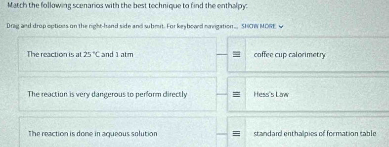 Match the following scenarios with the best technique to find the enthalpy:
Drag and drop options on the right-hand side and submit. For keyboard navigation... SHOW MORE
The reaction is at 25°C and 1 atm coffee cup calorimetry
The reaction is very dangerous to perform directly Hess's Law
The reaction is done in aqueous solution standard enthalpies of formation table
=