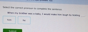 Select the correct pronoun to complete the sentence. 
When my brother was a baby, I would make him laugh by tickling _. 
him he 
Submit