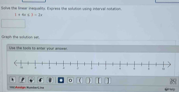 Solve the linear inequality. Express the solution using interval notation.
1+4x≤ 3-2x
Graph the solution set. 
Use the tools to enter your answer. 
. 。 ( ) 
WobAssign NumberLine @Help