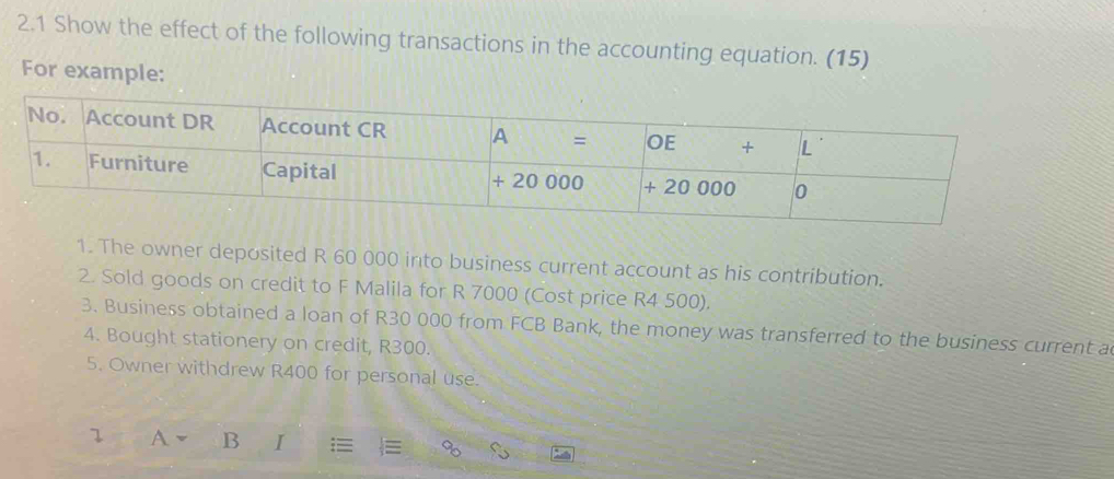 2.1 Show the effect of the following transactions in the accounting equation. (15) 
For example: 
1. The owner deposited R 60 000 into business current account as his contribution. 
2. Sold goods on credit to F Malila for R 7000 (Cost price R4 500). 
3. Business obtained a loan of R30 000 from FCB Bank, the money was transferred to the business current a 
4. Bought stationery on credit, R300. 
5. Owner withdrew R400 for personal use. 
A B I