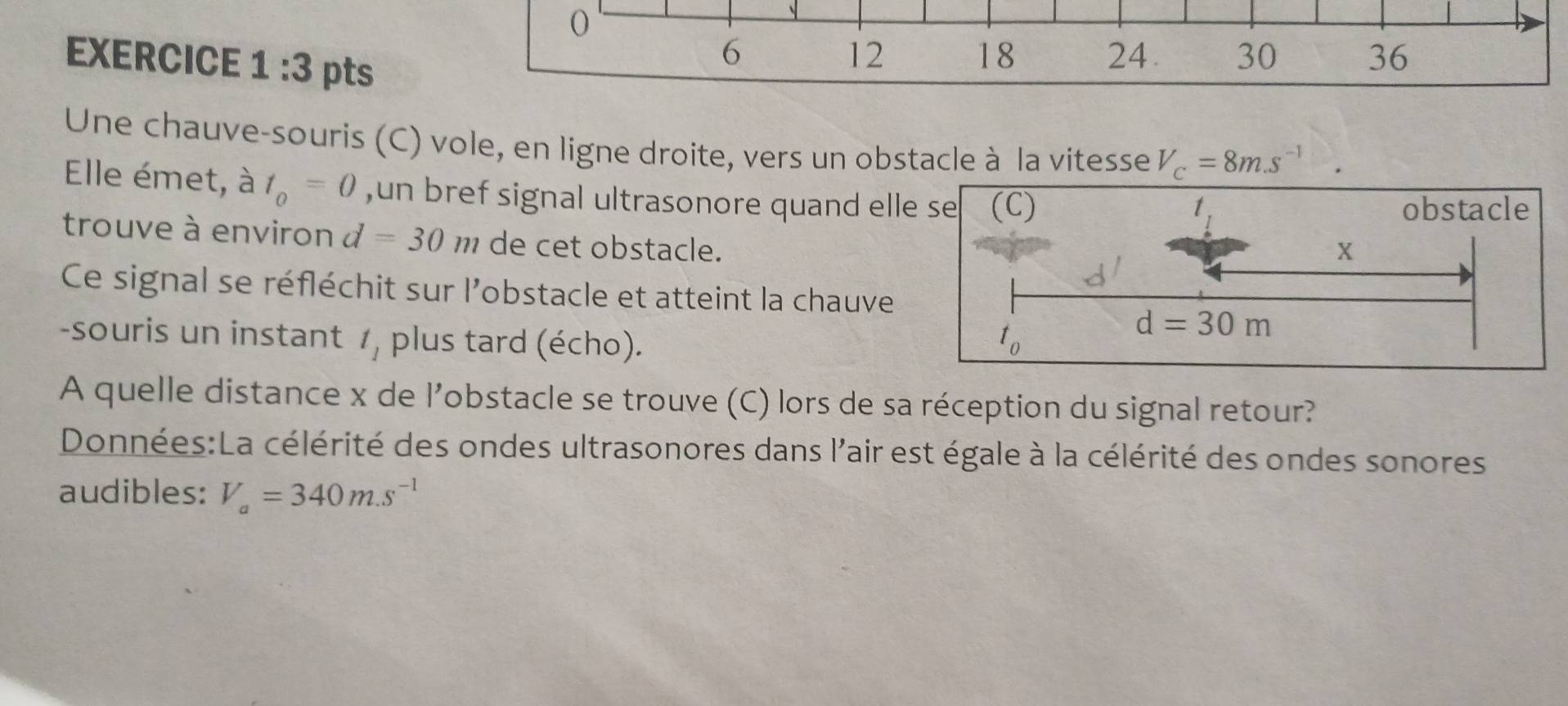 EXERCICE 1:3 pts
6 24. 30 36
12 18
Une chauve-souris (C) vole, en ligne droite, vers un obstacle à la vitesse V_c=8m.s^(-1)
Elle émet, à t_o=0 ,un bref signal ultrasonore quand ell
trouve à environ d=30 111 de cet obstacle.
Ce signal se réfléchit sur l'obstacle et atteint la chauve
-souris un instant t_1 plus tard (écho). 
A quelle distance x de l'obstacle se trouve (C) lors de sa réception du signal retour?
Données:La célérité des ondes ultrasonores dans l'air est égale à la célérité des ondes sonores
audibles: V_a=340m.s^(-1)