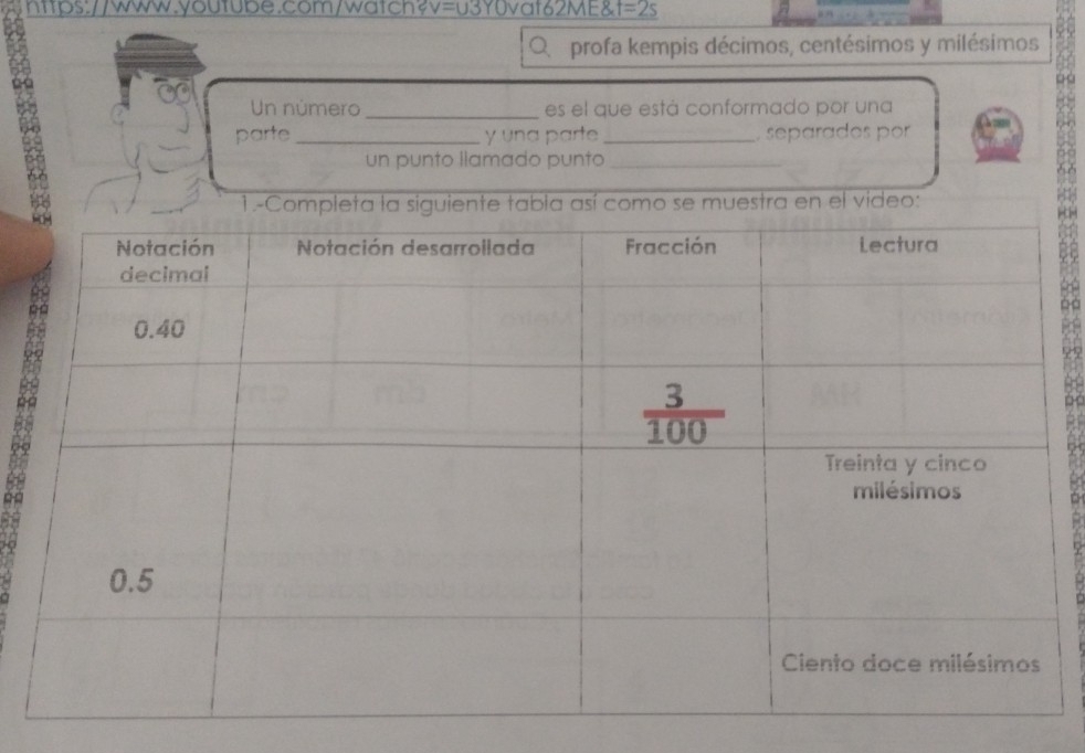 nttps://www.youtube.com/watch? 1= 03Y0vat62ME& t=2s
profa kempis décimos, centésimos y milésimos
Un número _es el que está conformado por una
parte _y una parte _. separades por
un punto llamado punto_