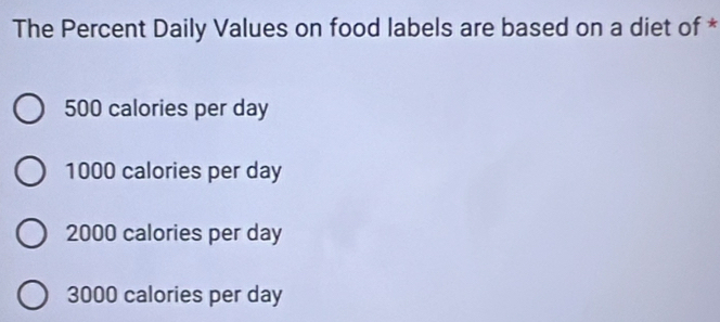 The Percent Daily Values on food labels are based on a diet of *
500 calories per day
1000 calories per day
2000 calories per day
3000 calories per day