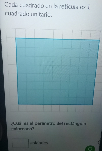 Cada cuadrado en la retícula es 1
cuadrado unitario. 
¿Cuál es el perímetro del rectángulo 
coloreado? 
unidades.