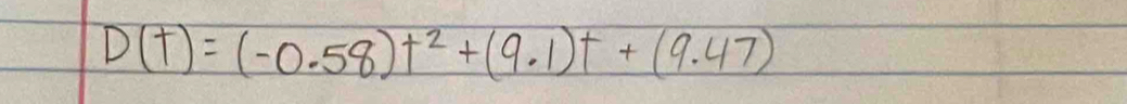 D(t)=(-0.58)t^2+(9.1)t+(9.47)