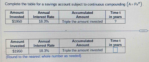 Complete the table for a savings account subject to continuous compounding (A=Pe^(π)). 
(Round to