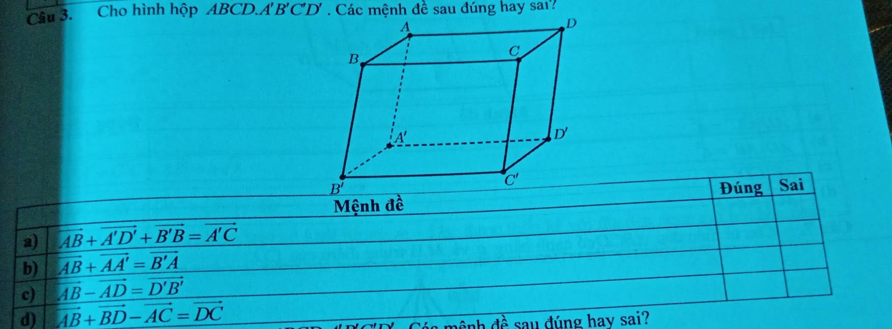 Cho hình hộp ABCD.. A'B'C'D'. Các mệnh đề sau đúng hay sai?
s
đồ