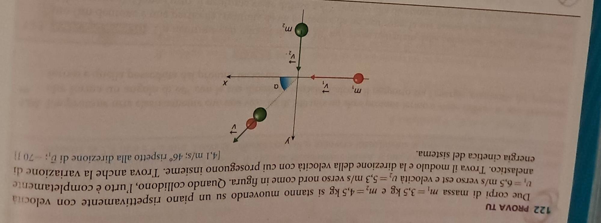 122 PROVA TU
Due corpi di massa m_1=3,5kg e m_2=4,5kg si stanno muovendo su un piano rispettivamente con eloct
v_1=6,5m/s verso est e velocità upsilon _2=5, ,3 m/s verso nord come in figura. Quando collidono, l'urto è completamente
anelastico. Trova il modulo e la direzione della velocità con cui proseguono insieme. Trova anche la variazione di
energia cinetica del sistema. [4,1 m/s; 46° rispetto alla direzione di vector v_1;-70J]