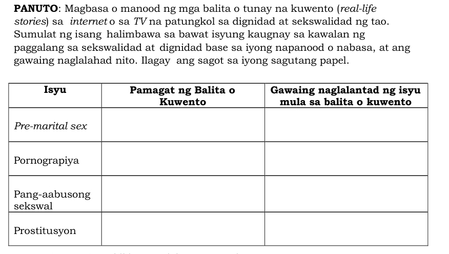 PANUTO: Magbasa o manood ng mga balita o tunay na kuwento (reαl-life 
stories) sa interneto sa TV na patungkol sa dignidad at sekswalidad ng tao. 
Sumulat ng isang halimbawa sa bawat isyung kaugnay sa kawalan ng 
paggalang sa sekswalidad at dignidad base sa iyong napanood o nabasa, at ang 
gawaing naglalahad nito. Ilagay ang sagot sa iyong sagutang papel.