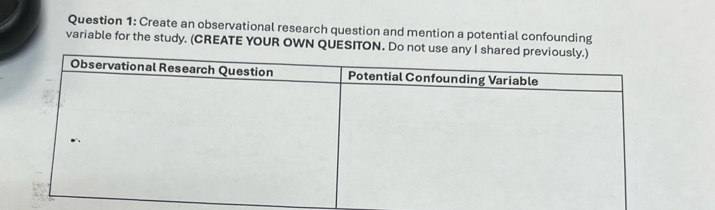 Create an observational research question and mention a potential confounding 
variable for the study. (CREATE YOUR OWN QUESITON. Do no