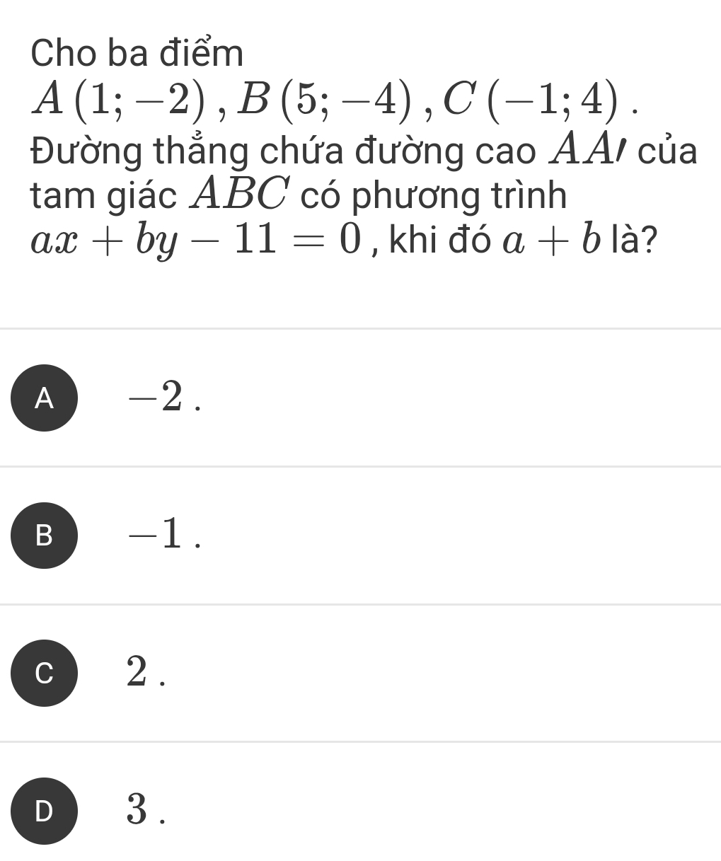 Cho ba điểm
A(1;-2), B(5;-4), C(-1;4). 
Đường thẳng chứa đường cao AA/ của
tam giác ABC có phương trình
ax+by-11=0 , khi đó a+b là?
A ) -2.
B  -1.
c 2.
D ) 3.