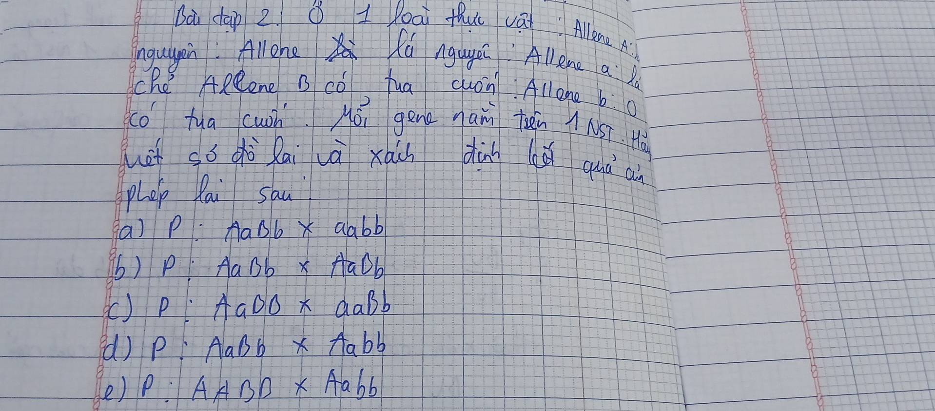 Bà dap 2. ① 1 loai thut vat Allene A
nguyin Allone fú Aguyē Allene a lo
che teeene B có fua quon. Allone b 0
co tua cwoh. Aói gēne nam teen NST. Hà
ht sǒ dì lāi và xáh dà lǎ quà ain
phep lai sau
(a) P:AaBb* aabb
() P:AaBb* AaBb
() P:AaBO* aaBb
(d) P:AaBb* Aabb
e) P:AABB* Aabb