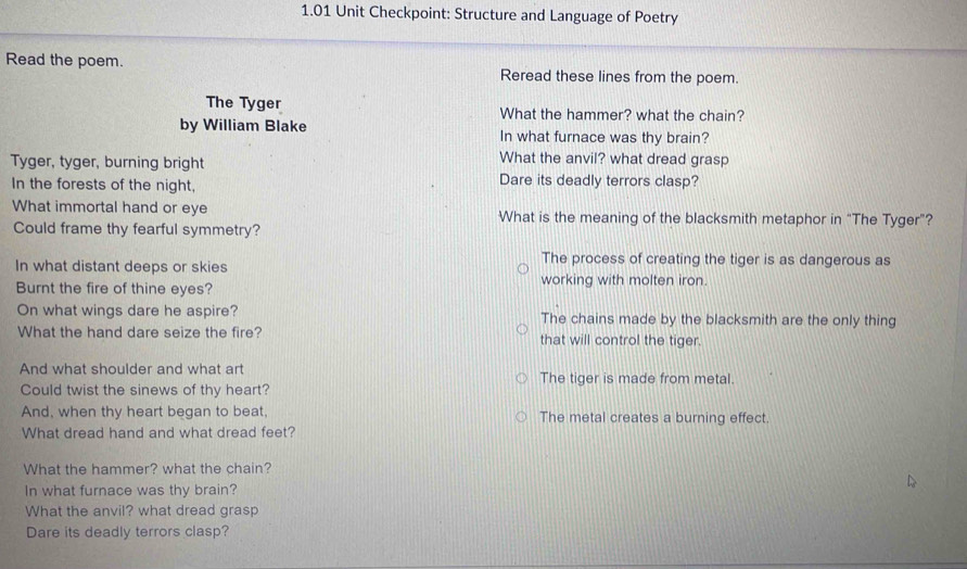 1.01 Unit Checkpoint: Structure and Language of Poetry Read the poem ...