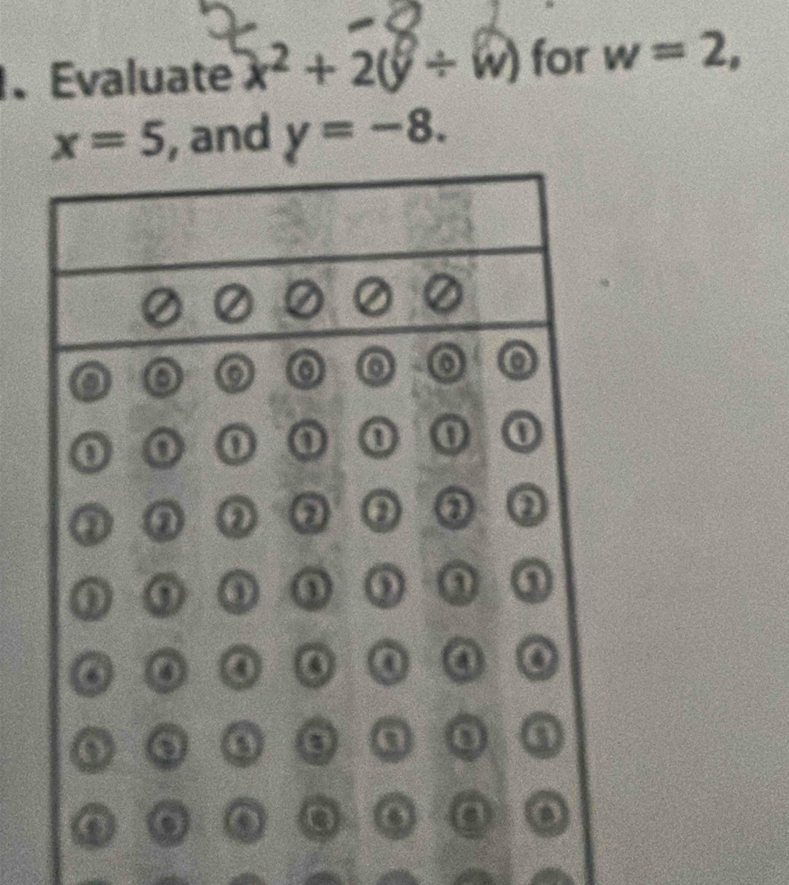 Évaluate x^2+2(y/ w) for w=2,
x=5 , and y=-8.