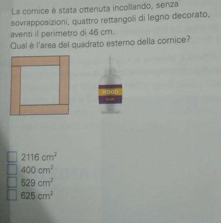 La cornice è stata ottenuta incollando, senza
sovrapposizioni, quattro rettangoli di legno decorato,
aventi il perimetro di 46 cm.
Qual è l'area del quadrato esterno della cornice?
VOOD
2116cm^2
400cm^2
529cm^2
625cm^2