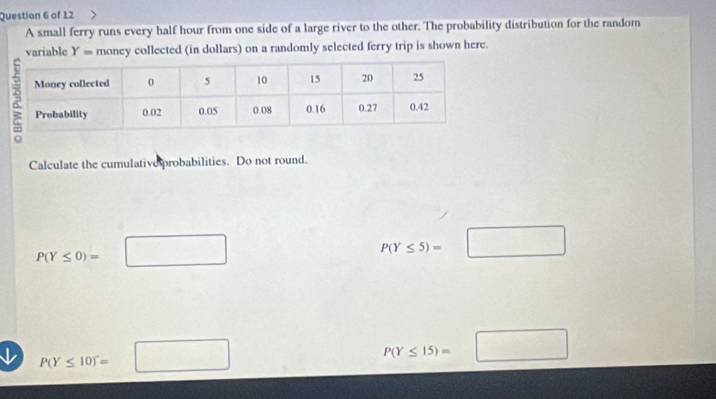 A small ferry runs every half hour from one side of a large river to the other. The probability distribution for the random
variable Y= money collected (in dollars) on a randomly selected ferry trip is shown here.
Calculate the cumulative probabilities. Do not round.
P(Y≤ 0)= ^ □ P(Y≤ 5)=□
↓ P(Y≤ 10)=□
P(Y≤ 15)=□