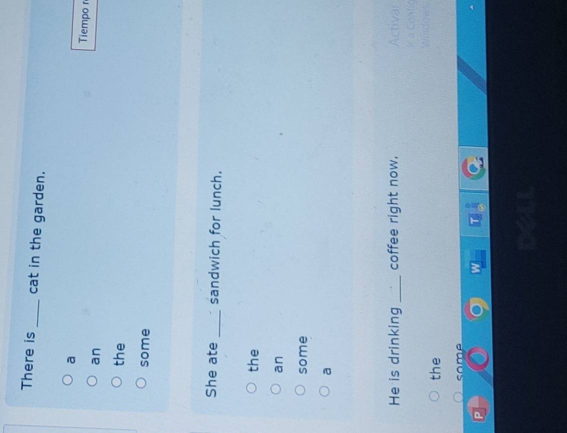 There is _cat in the garden.
a
Tiempo r
an
the
some
She ate _sandwich for lunch.
the
an
some
a
He is drinking _coffee right now.
the
some