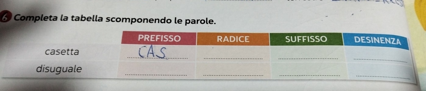 Completa la tabella scomponendo le parole.