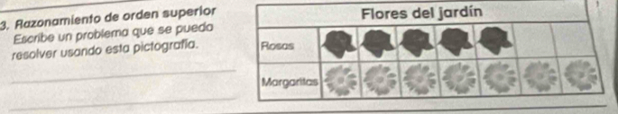 Razonamiento de orden superior 
Escribe un problema que se puedo 
resolver usando esta pictografía. 
_ 
_