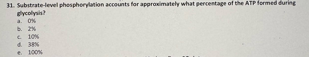 Substrate-level phosphorylation accounts for approximately what percentage of the ATP formed during
glycolysis?
a. 0%
b. 2%
c. 10%
d. 38%
e. 100%