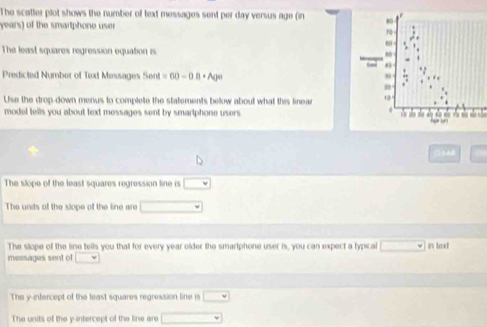 The scatter plot shows the number of text messages sent per day versus age (in
years) of the smartphone user
∞
10
The least squares regression equation is
40
Predicted Number of Text Messages Sent =60-0.0· Ago
Use the drop-down menus to complete the statements below about what this linear 10
model tells you about text messages sent by smartphone users no 4 Ase un de tão
6
AB 
The slope of the least squares regression line is v
The units of the slope of the line are 
The stope of the line tells you that for every year older the smartphone user is, you can expect a typical° in texi 
messages sent of 
The y-intercept of the least squares regression line is 
The units of the y-intercept of the line are