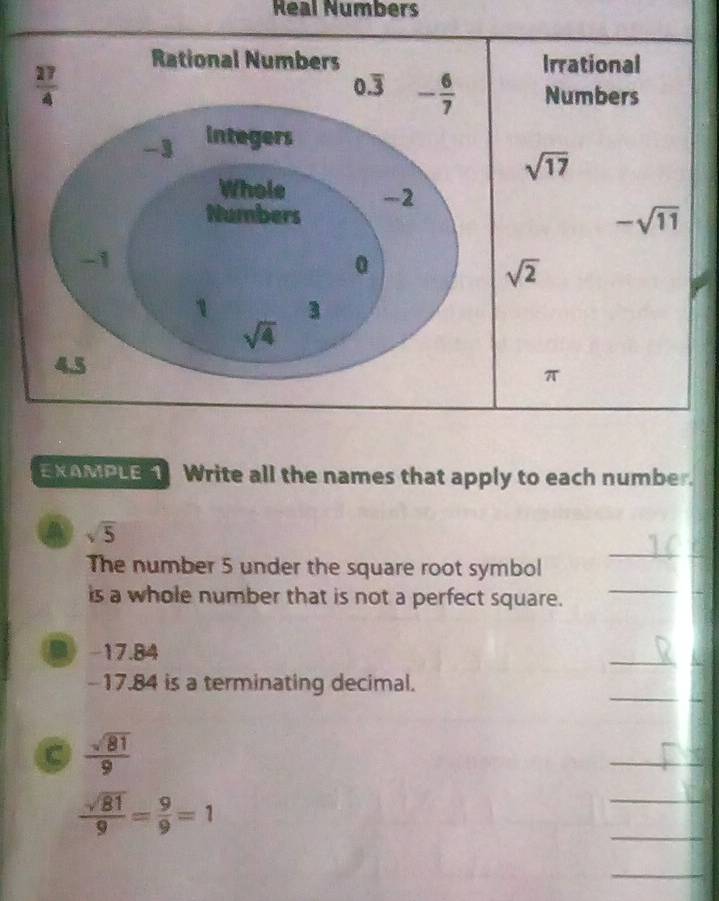 Real Numbers
ExAMPLE Write all the names that apply to each number.
sqrt(5)
The number 5 under the square root symbol
_
is a whole number that is not a perfect square._
B -17.84
_
_
-17.84 is a terminating decimal.
 sqrt(81)/9 
_
 sqrt(81)/9 = 9/9 =1
_