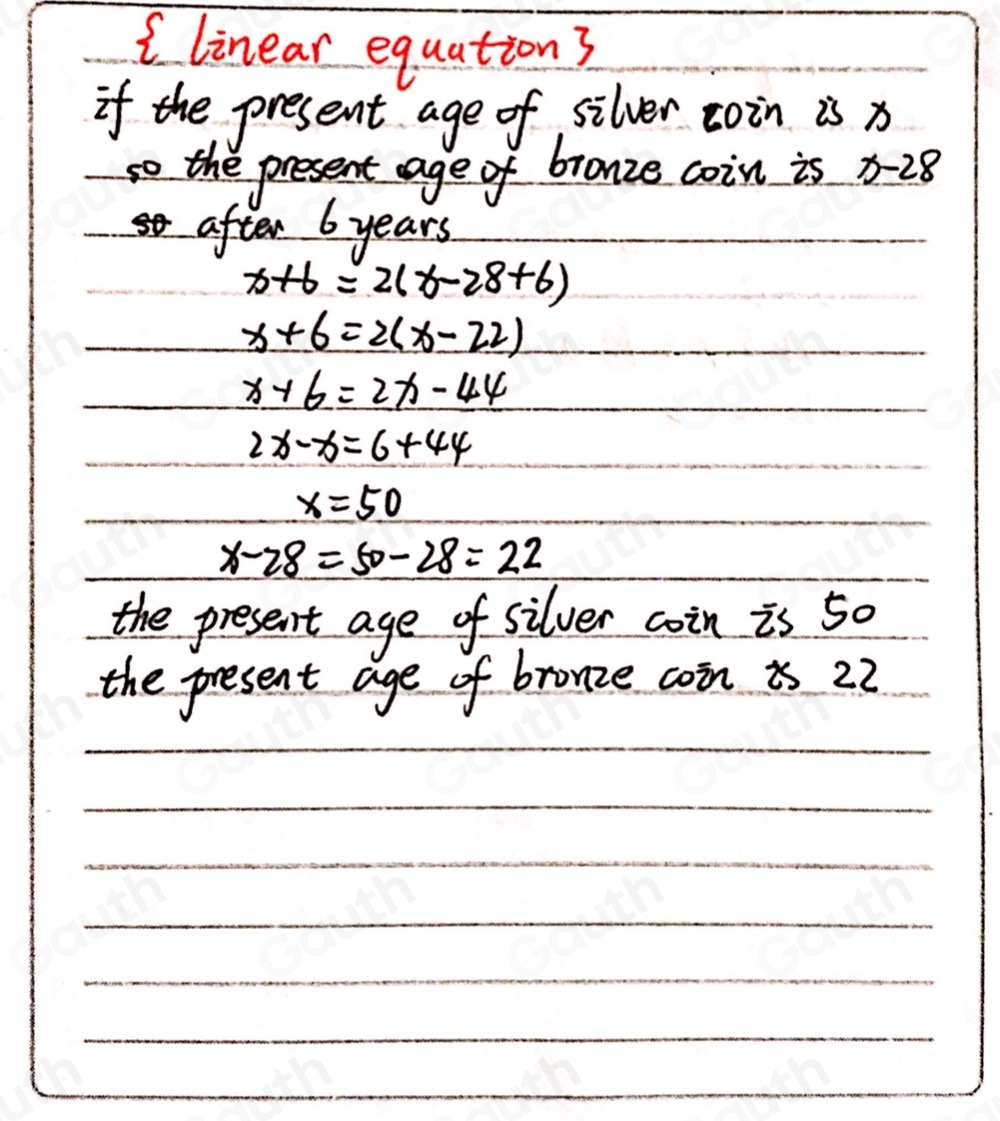 Solved: A silver coin is 28 years older than a bronze coin. In 6 years ...