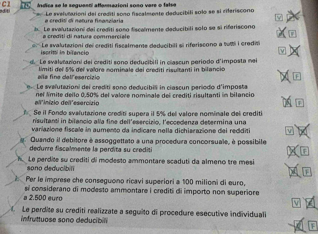 C1 10 Indica se le seguenti affermazioni sono vere o false
oditi
Le svalutazioni del crediti sono fiscalmente deducibili solo se si riferíscono
a crediti di natura finanziaria
b. Le svalutazioni dei crediti sono fiscalmente deducibili solo se si riferiscono
a crediti di natura commerciale
o. Le svalutazioni dei crediti fiscalmente deducibili si riferiscono a tutti i crediti
Iscritti in bilancio
d. Le svalutazioni dei crediti sono deducibili in ciascun periodo d’imposta neí
limiti del 5% del valore nominale dei crediti risultanti in bilancio
alla fine dell’esercizio F
Le svalutazioni dei crediti sono deducibili in ciascun periodo d’imposta
nel limite dello 0,50% del valore nominale dei crediti risultanti in bilancio
all'inizio dell´esercizio F
Se il Fondo svalutazione crediti supera il 5% del valore nominale dei crediti
risultanti in bilancio alla fine dell’esercizio, l’eccedenza determina una
variazione fiscale in aumento da indicare nella dichiarazione dei redditi
Quando il debitore è assoggettato a una procedura concorsuale, è possibile
dedurre fiscalmente la perdita su crediti
F
Le perdite su crediti di modesto ammontare scaduti da almeno tre mesi
sono deducibili
Per le imprese che conseguono ricavi superiori a 100 milioni di euro,
si considerano di modesto ammontare i crediti di importo non superiore 
a 2.500 euro
Le perdite su crediti realizzate a seguito di procedure esecutive individuali
infruttuose sono deducibili