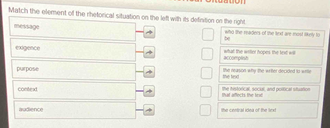 ation
Match the element of the rhetorical situation on the left with its definition on the right.
message who the readers of the text are most likely to
be
exigence what the writer hopes the text will
accomplish
purpose the reason why the writer decided to write
the text
context that affects the tex the historical, social, and political situation
audience the central idea of the text