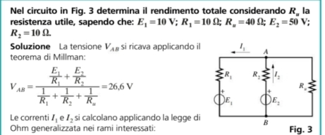 Nel circuito in Fig. 3 determina il rendimento totale considerando R la
resistenza utile, sapendo che: E_1=10V;R_1=10Omega ;R_u=40Omega ;E_2=50V
R_2=10Omega
Soluzione La tensione V_AB si ricava applicando il 
teorema di Millman:
V_AB=frac frac E_1R_1+frac E_2R_2frac 1R_1+frac 1R_2+frac 1R_3=26.6V
Le correnti I_1 e I_2 si calcolano applicando la legge di Fig. 3
Ohm generalizzata nei rami interessati: