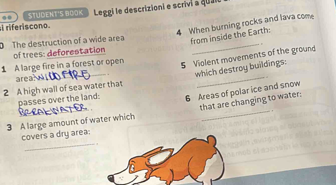 STUDENT'S BOOK Leggi le descrizioni e scrivi a quai 
4 When burning rocks and lava come 
si riferiscono. 
_ 
D The destruction of a wide area 
from inside the Earth: 
. 
of trees: deforestation 
1 A large fire in a forest or open 
5 Violent movements of the ground 
which destroy buildings: 
area 
_ 
2 A high wall of sea water that 
_ 
_ 
_ 
passes over the land: 
6 Areas of polar ice and snow 
that are changing to water: 
3 A large amount of water which 
_ 
covers a dry area: 
.