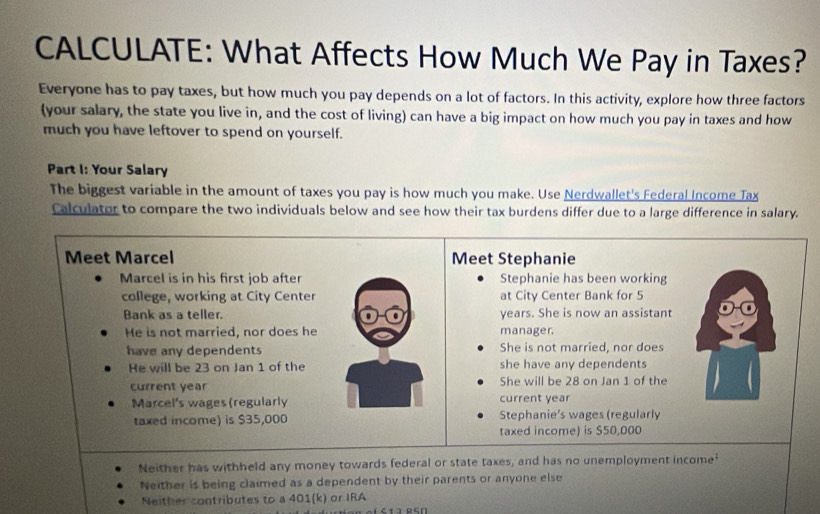 CALCULATE: What Affects How Much We Pay in Taxes?
Everyone has to pay taxes, but how much you pay depends on a lot of factors. In this activity, explore how three factors
(your salary, the state you live in, and the cost of living) can have a big impact on how much you pay in taxes and how
much you have leftover to spend on yourself.
Part I: Your Salary
The biggest variable in the amount of taxes you pay is how much you make. Use Nerdwallet's Federal Income Tax
Calculator to compare the two individuals below and see how their tax burdens differ due to a large difference in salary.
Meet Marcel Meet Stephanie
Marcel is in his first job after Stephanie has been working
college, working at City Center at City Center Bank for 5
Bank as a teller. years. She is now an assistant
He is not married, nor does he manager.
have any dependents She is not married, nor does
He will be 23 on Jan 1 of the she have any dependents
current year She will be 28 on Jan 1 of the
Marcel's wages (regularly current year
taxed income) is $35,000 Stephanie’s wages (regularly
taxed income) is $50,000
Neither has withheld any money towards federal or state taxes, and has no unemployment income'
Neither is being claimed as a dependent by their parents or anyone else
Neither contributes to a 401 (k) or IRA