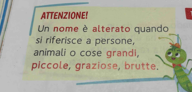 ATTENZIONE! 
Un nome è alterato quando 
si riferisce a persone, 
animali o cose grandi, 
piccole, graziose, brutte.