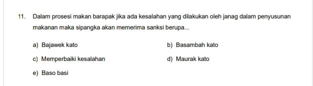 Dalam prosesi makan barapak jika ada kesalahan yang dilakukan oleh janag dalam penyusunan
makanan maka sipangka akan memerima sanksi berupa...
a) Bajawek kato b) Basambah kato
c) Memperbaiki kesalahan d) Maurak kato
e) Baso basi