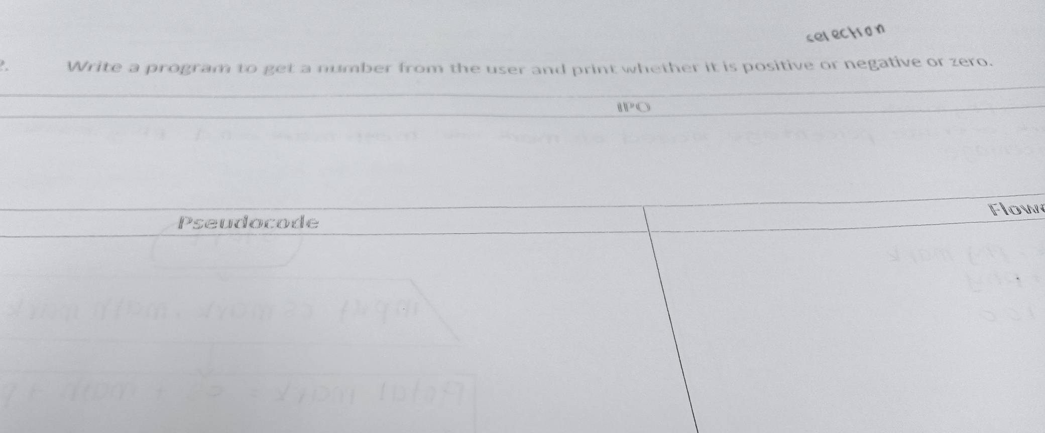 sel ectron 
Write a program to get a number from the user and print whether it is positive or negative or zero.
811°(C)
Pseudocode Flow